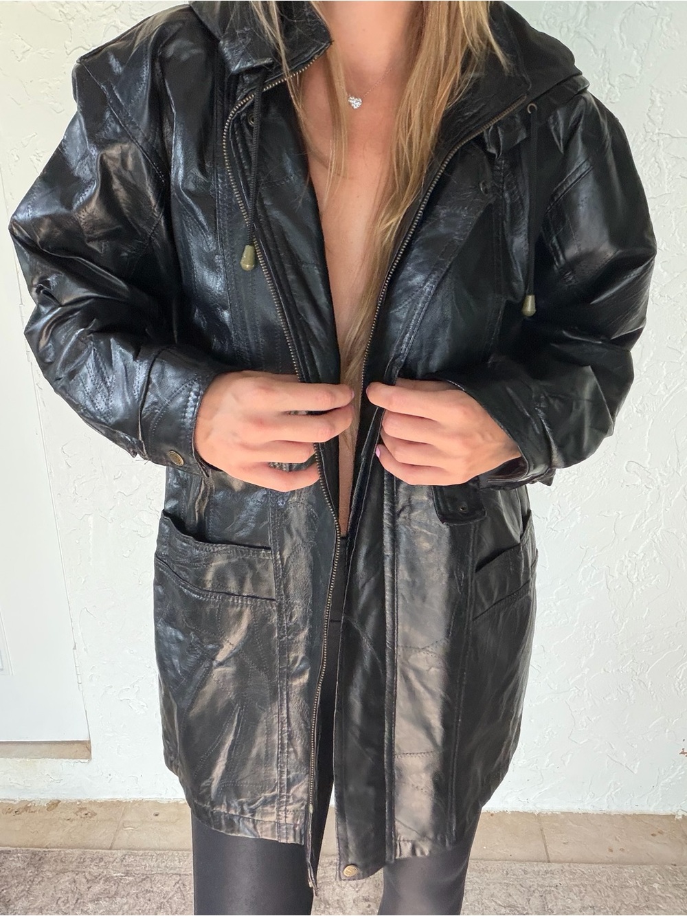 Classic Black Leather Jacket with Hood